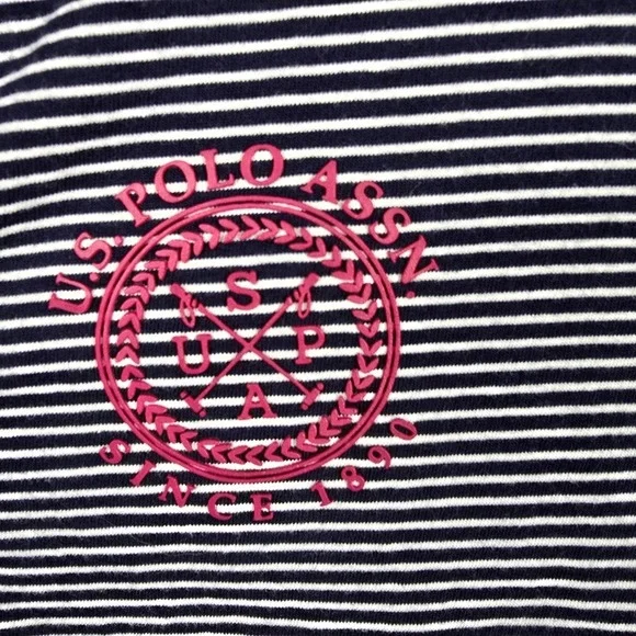 US Polo Assn Kids XL Navy Blue White Striped Short Sleeve Polo Shirt Pink Logo - Picture 2 of 7